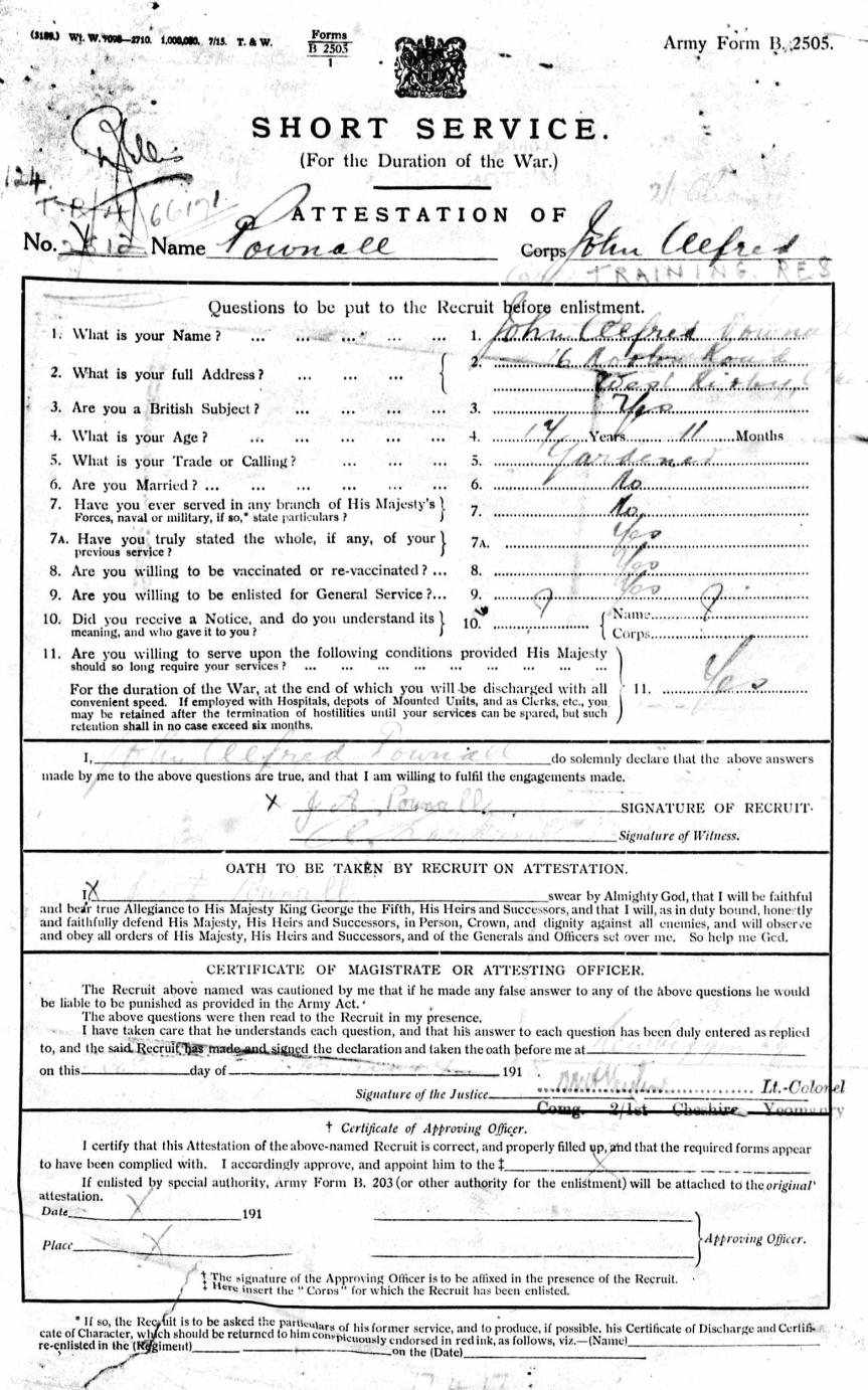 First Page of John Alfred Pownall's Service Records